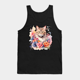 A cat decorated with beautiful watercolor flowers Tank Top